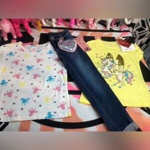 NWT Kids Unicorn Bling T-Shirt and Jeans 3 Piece Bundle Outfit Set